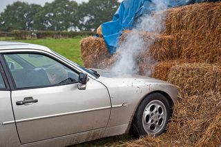 Meanwhile, Robert swerves into a field and crashes into a haystack