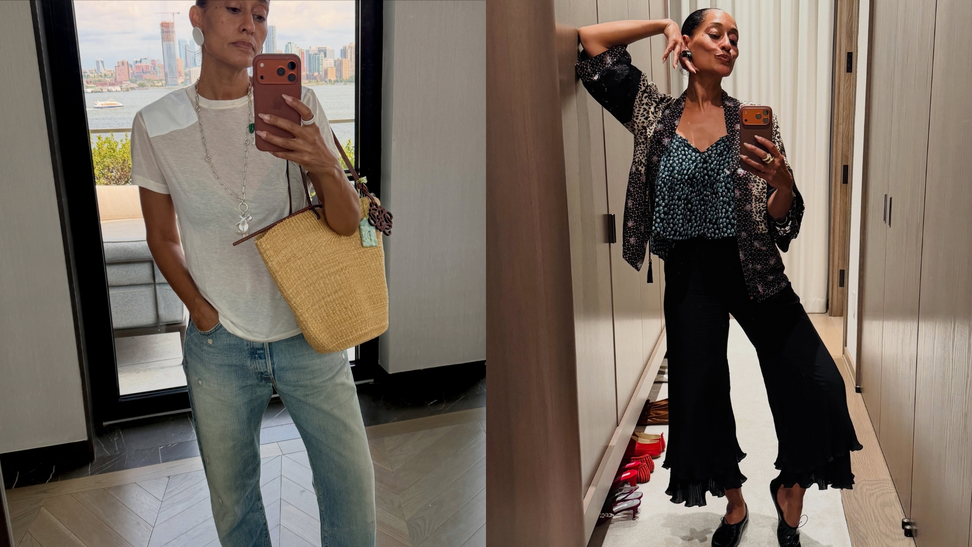 Tracee Ellis Ross wears high-vamp flat shoes with jeans and cropped trousers.
