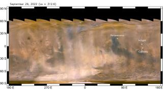 A global map of Mars shows a massive dust storm in the southern hemisphere, seen in beige on Sept. 29, 2022.