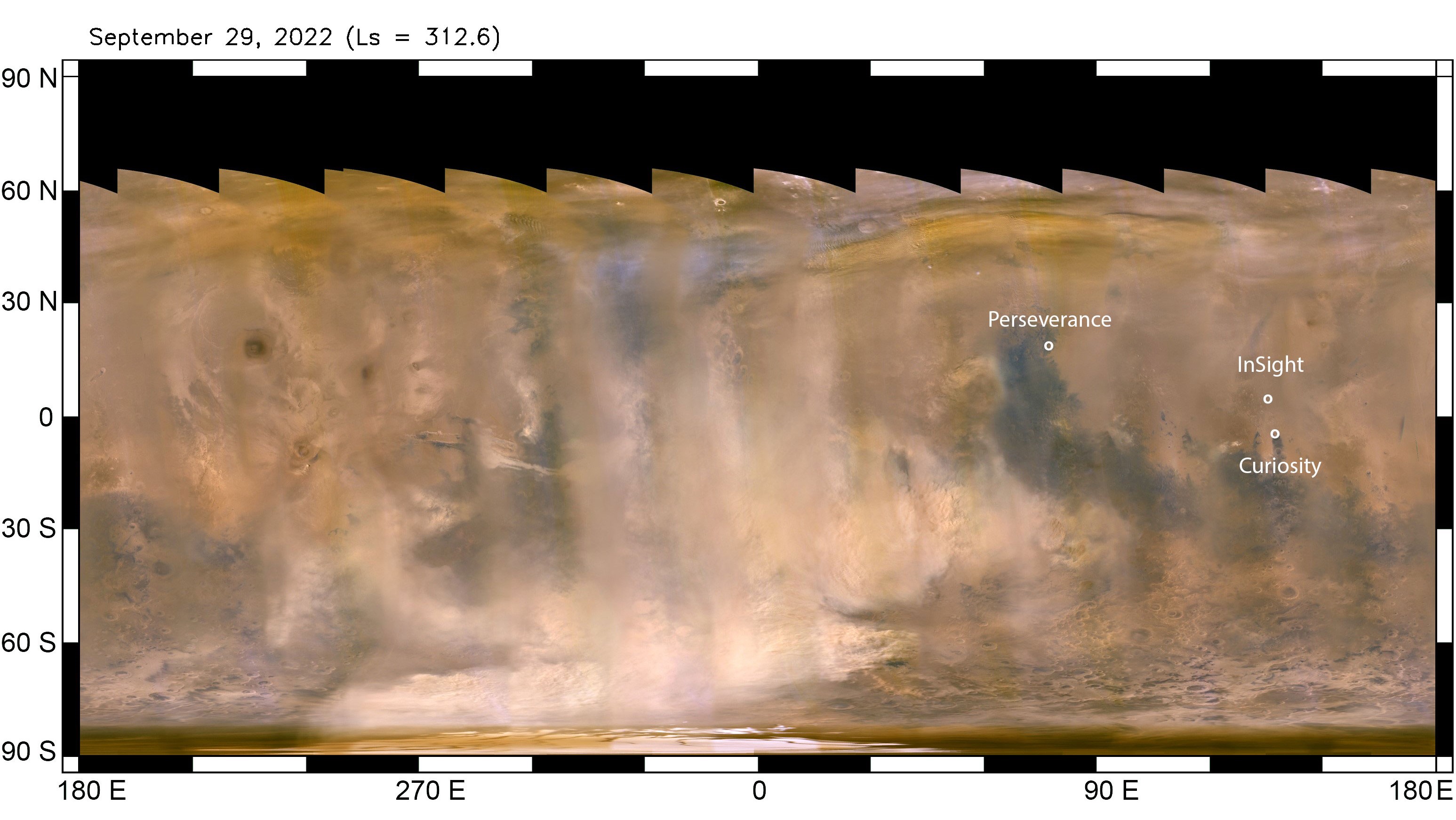 A global map of Mars shows a huge dust storm in the Southern Hemisphere, seen in beige on September 29, 2022.