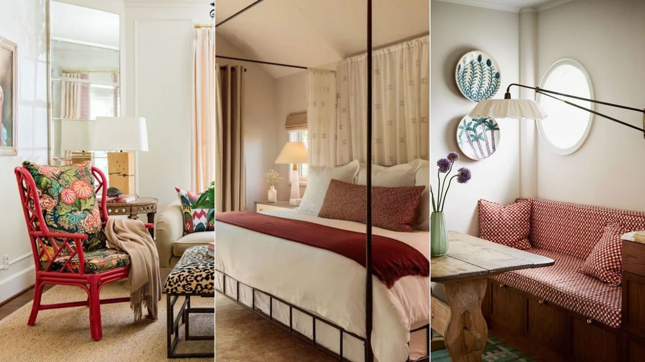 red and beige used throughout three interior design schemes