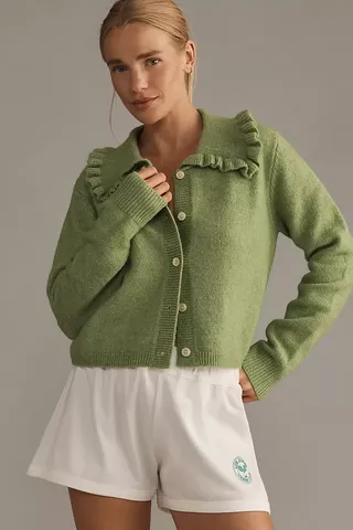 Self Contrast Ruffle-Collar Cardigan Sweater