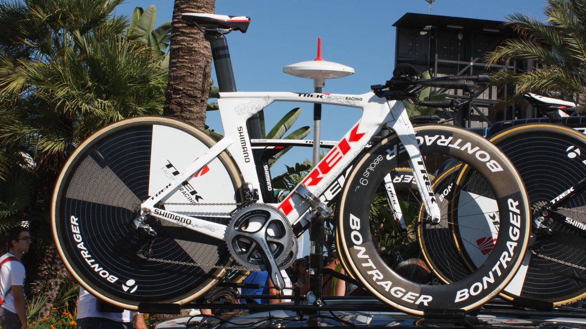 This eye-catching Trek Speed Concept is Fabian Cancellara's spare bike. The Trek Factory Racing rider has since withdrawn from the Vuelta citing stomach problems (Matthew Allen / Immediate Media)