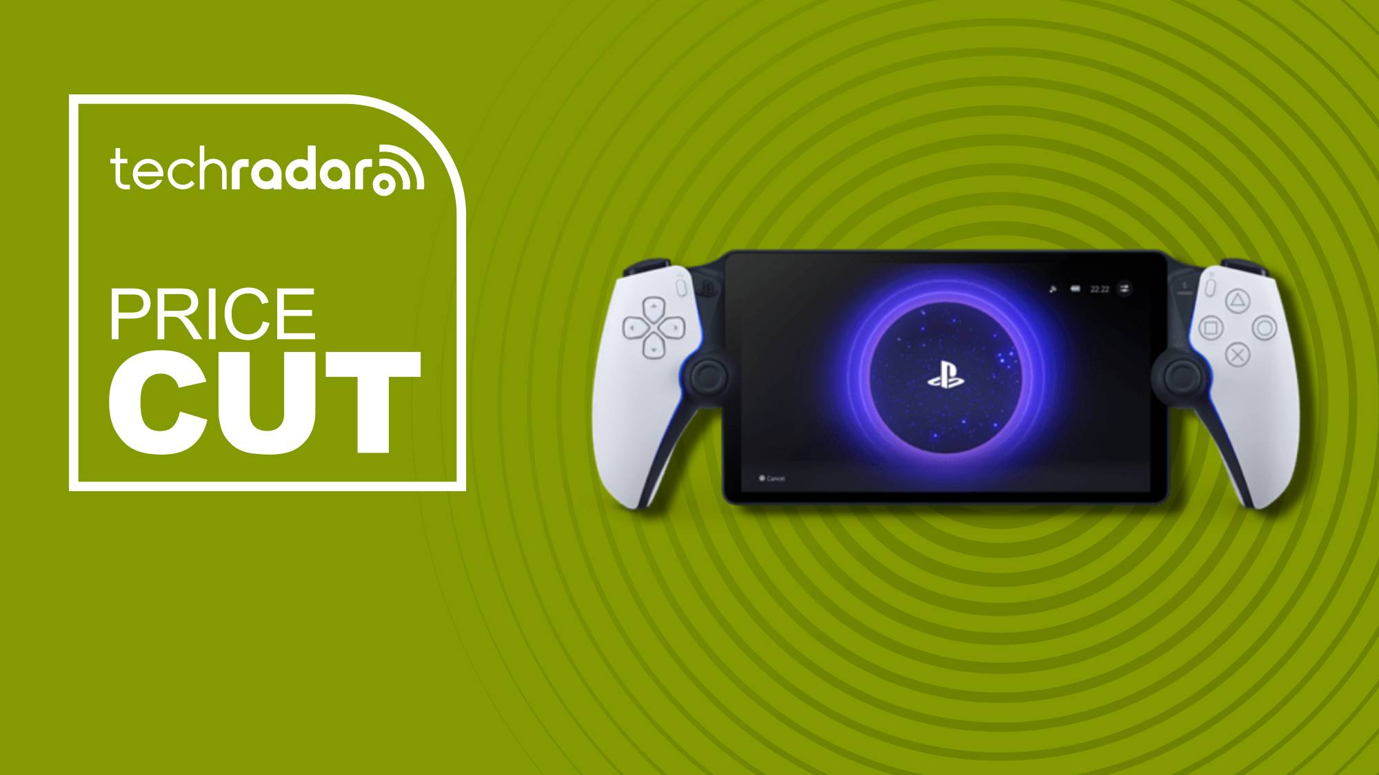 The PlayStation Portal on a green background with white price cut text