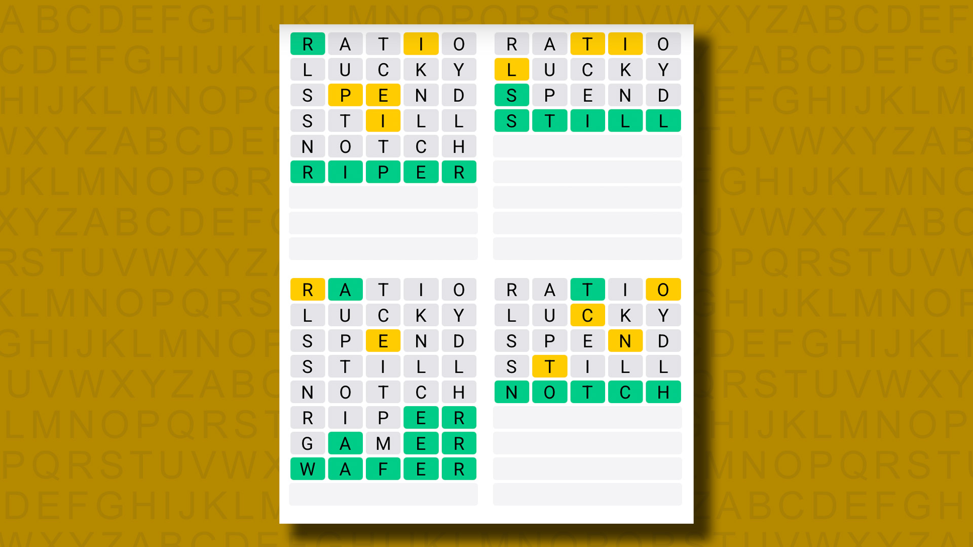 Quordle answers for game 1151 on a yellow background