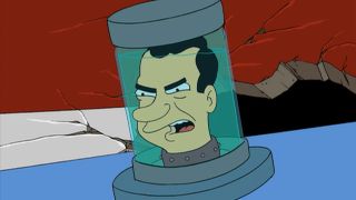 Richard Nixon frowns as his head rests on a robot's body in Futurama.