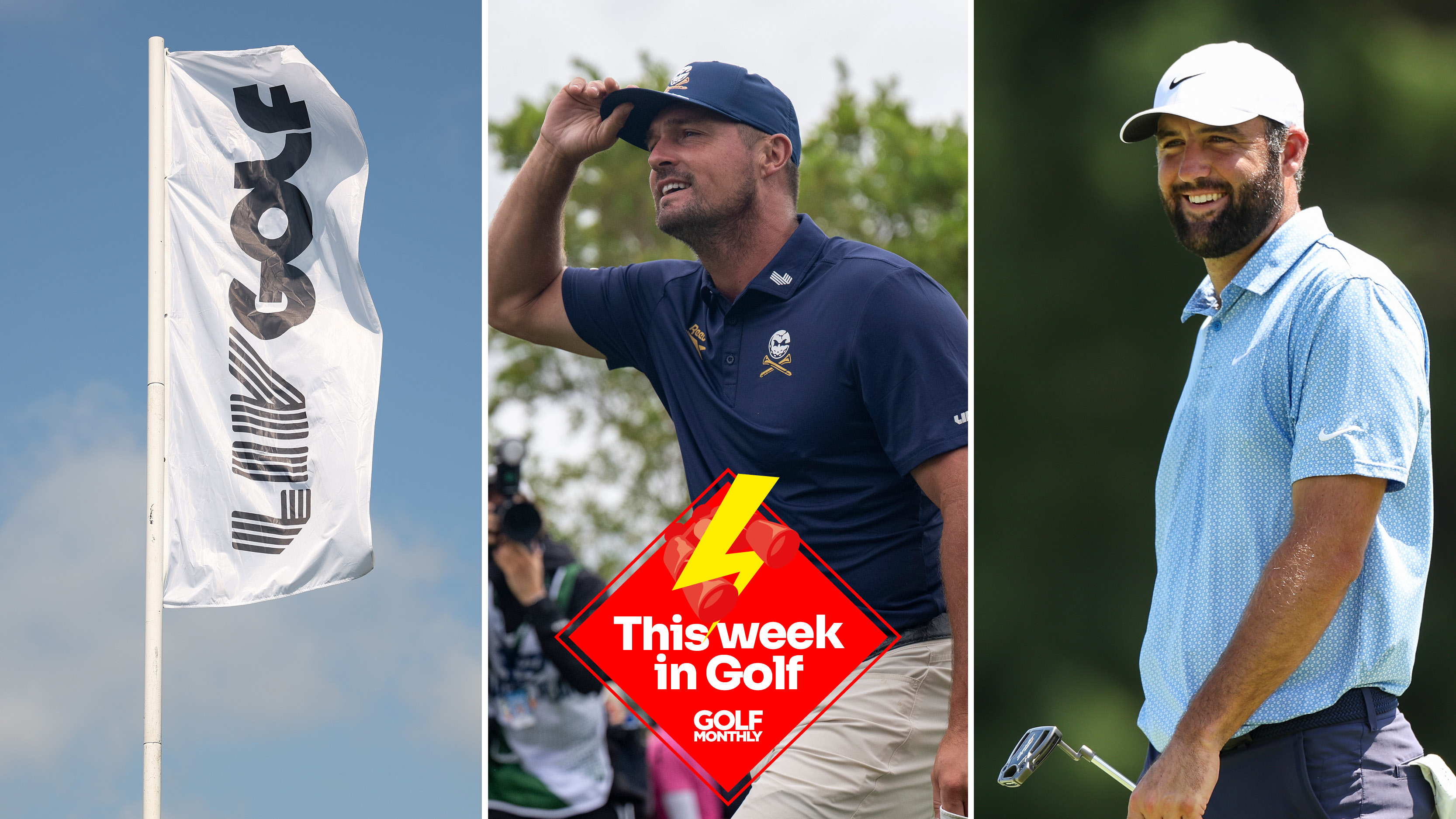 A white LIV Golf banner, Bryson DeChambeau tipping his cap and Scottie Scheffler smiling with a red This Week In Golf logo low-center