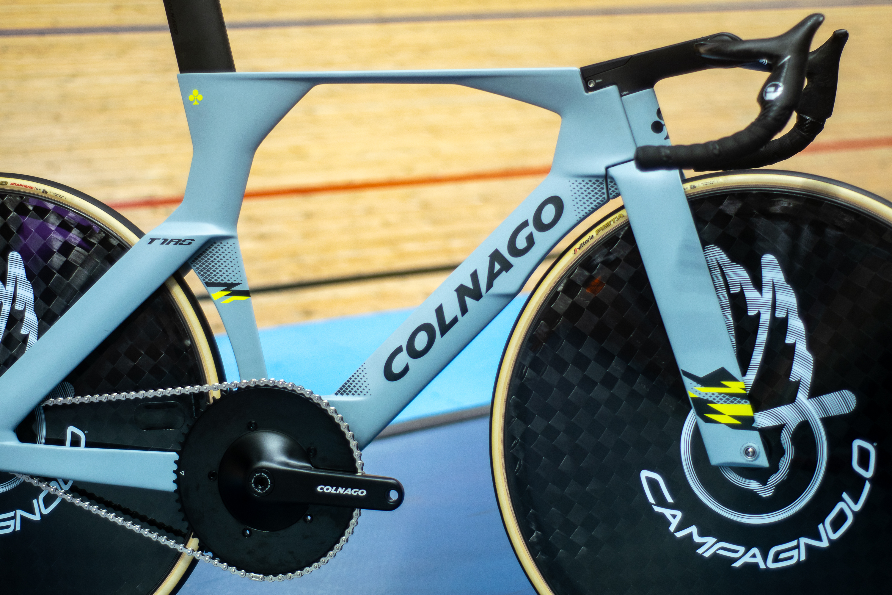 A Colnago T1RS track bike in a velodrome