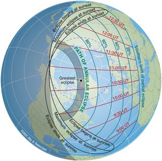 The path of the annular eclipse of June 10, 2021 stretches from southern Ontario, across Hudson Bay, into Greenland, over the Arctic, and finishes in northeastern Russia. Greatest eclipse occurs just off the coast of Greenland, where maximum annularity will last 3 minutes and 51 seconds.