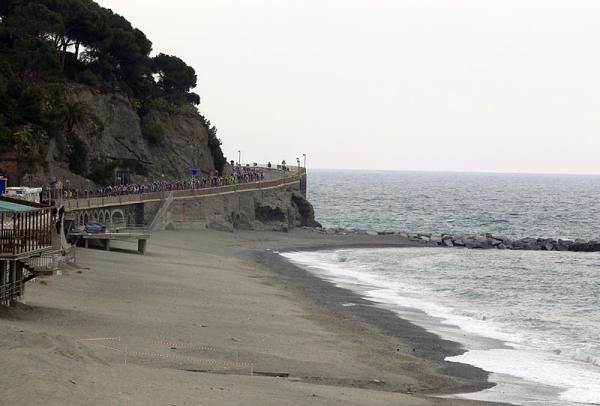 Racers along the coast in Milan-San Remo
