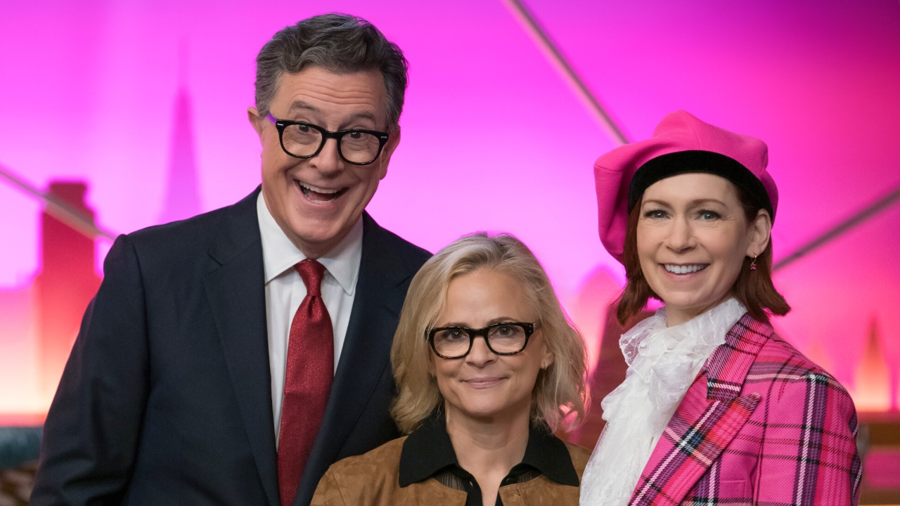 Stephen Colbert, Amy Sedaris, and Carrie Preston posting for the Season 3 premiere of Elsbeth