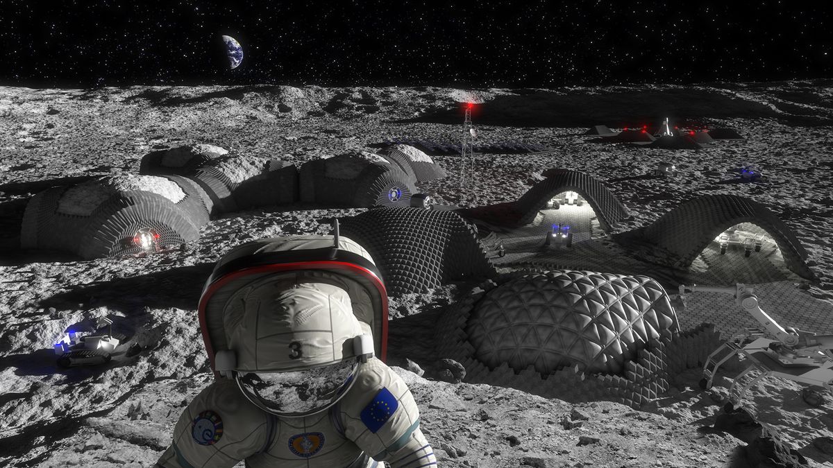 A project led by the European Space Agency imagines a future lunar base that could be produced and maintained using 3D printing. In an artist&#039;s concept released in 2018, habitat modules are seen beside &quot;garages&quot; for rovers, with an adjacent launch site.