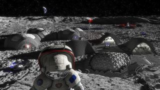 A project led by the European Space Agency imagines a future lunar base that could be produced and maintained using 3D printing. In an artist's concept released in 2018, habitat modules are seen beside "garages" for rovers, with an adjacent launch site.