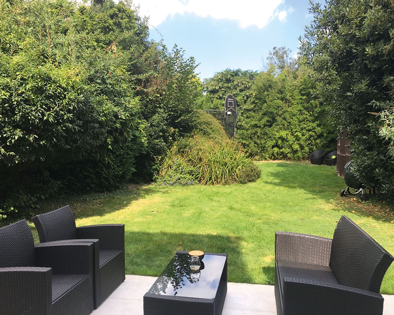A before shot of an uninspiring stretch of lawn and paved patio