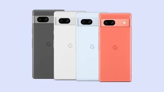 Google Pixel 7a phone from left to right in Charcoal black, Snow white, Sea blue, and Coral pink.
