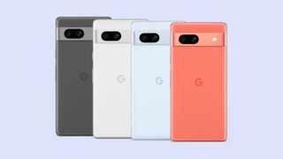 Google Pixel 7a phone from left to right in black, white, blue and coral