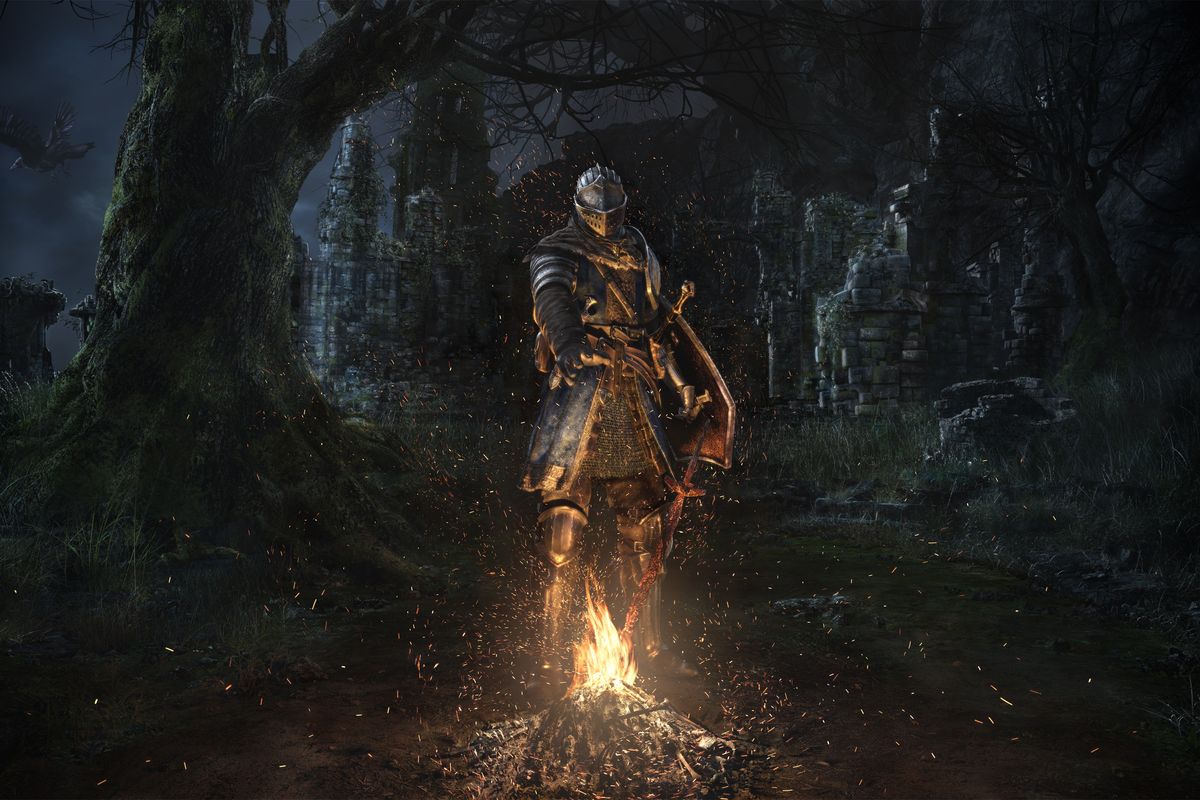 The Chosen Undead lighting the bonfire at Firelink Shrine