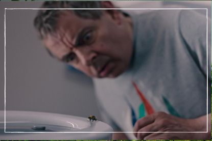 Rowan Atkinson in Man vs Bee staring at a bee who is on a toilet seat