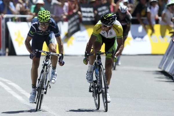 Gerrans and Valverde eye each other off in the sprint to the line.