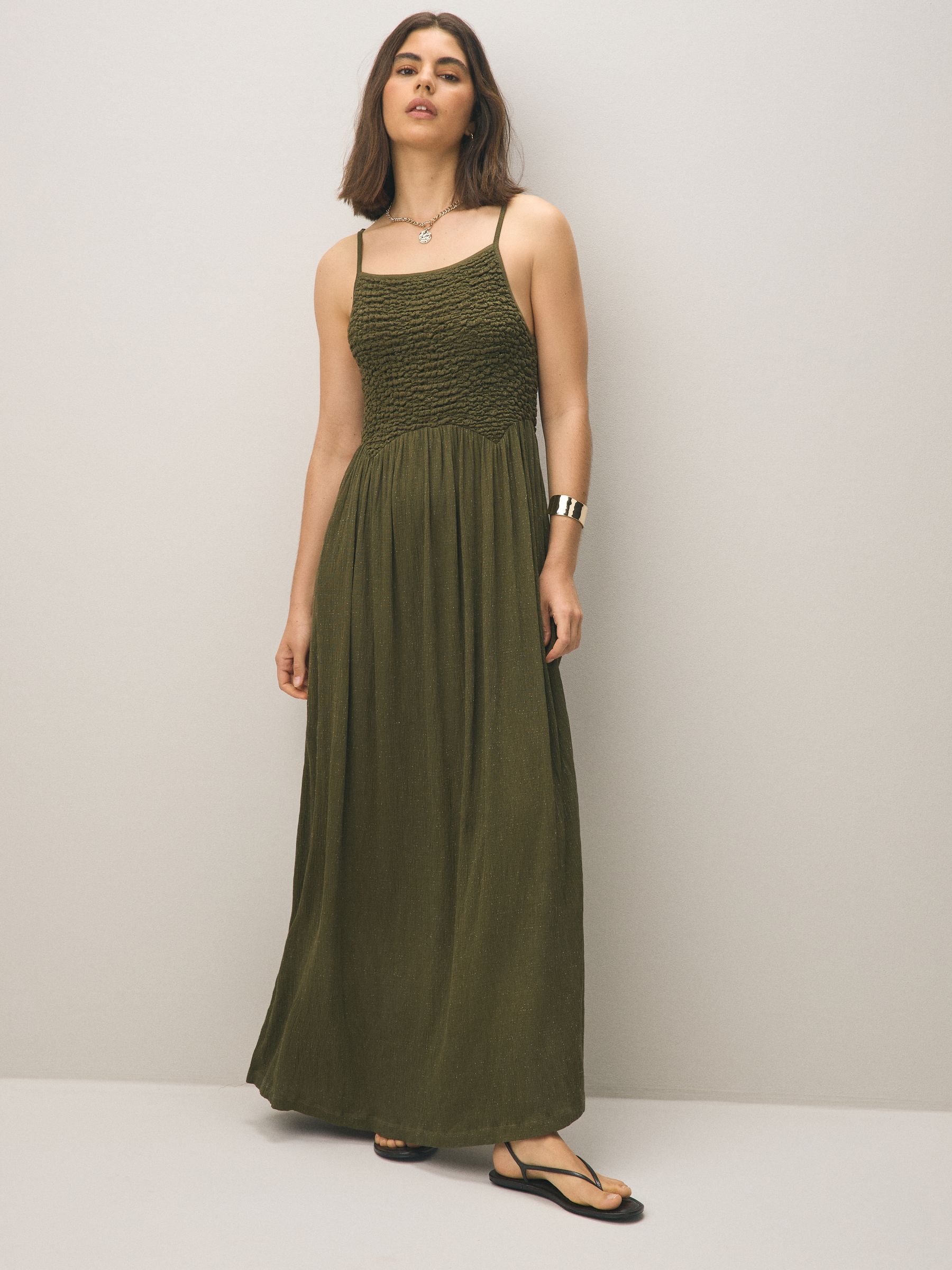 Khaki Green Strappy Shirred Jersey Maxi Dress