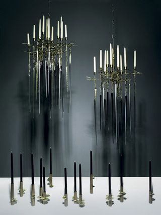 Glass 'Icicle' chandelier and bronze 'Fungus' candlesticks