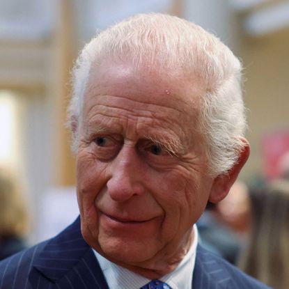 King Charles wearing a blue suit looking to the left with an amused expression