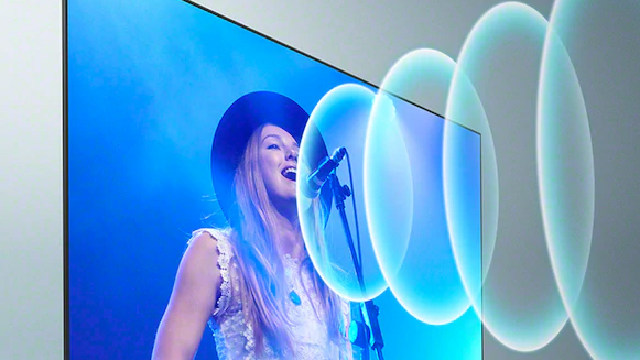 A woman singing on a TV screen with a visualization of the Sony TV Cognitive XR processing technology