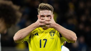 Viktor Gyokeres of Sweden celebrates after scoring the 3-0 goal during the UEFA Nations League 2024/25 League C Group C1 match between Sweden and Azerbaijan at Strawberry Arena on November 19, 2024 in Solna, Sweden.