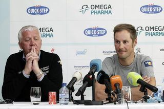 Omega Pharma-QuickStep manager Patrick Lefevere and Tom Boonen speak to the press.