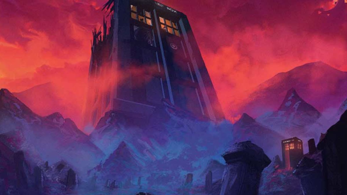 The Doctor&#039;s Tomb card from the Masters of Evil MTG Doctor Who Commander deck, showing an enormous Tardis looming over the landscape