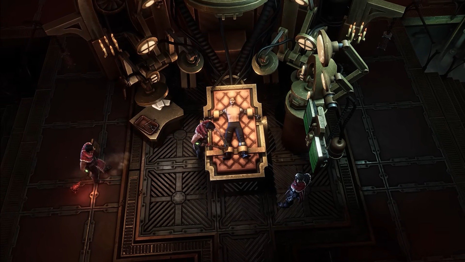 Warhammer 40,000: Rogue Trader trailer screenshot of a person receiving a surgery that is replacing his arms and legs replaced with robotic limbs.