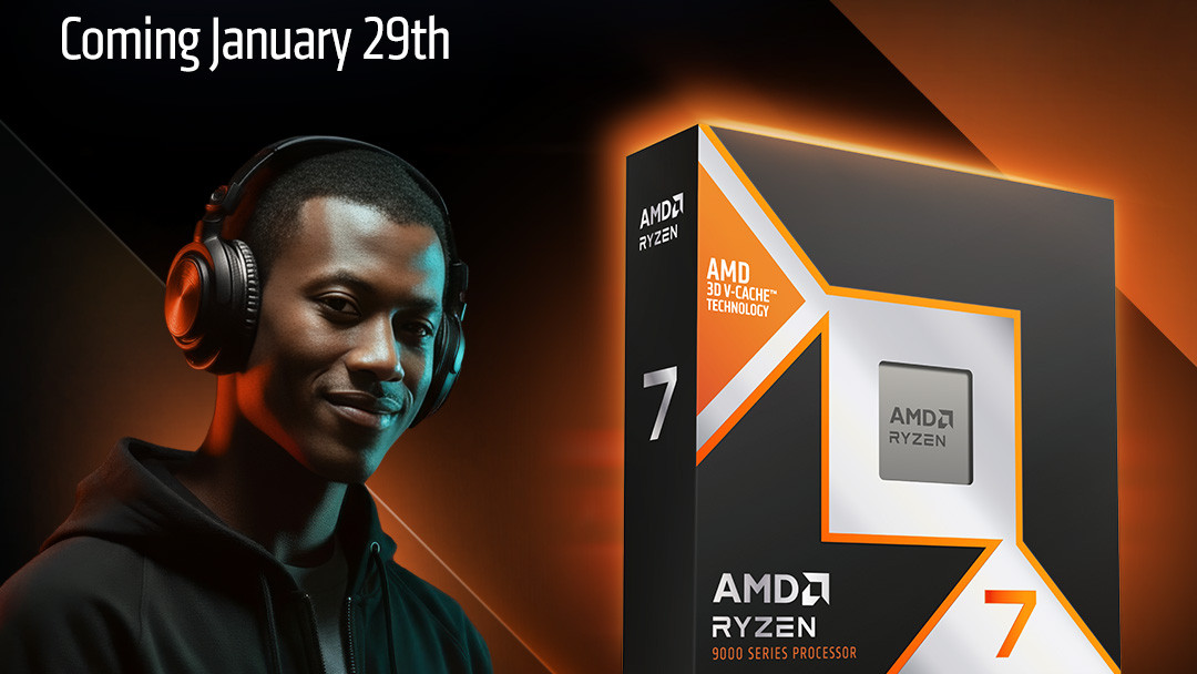 AMD 9850X3D CPU in a box shown next to a pro gamer