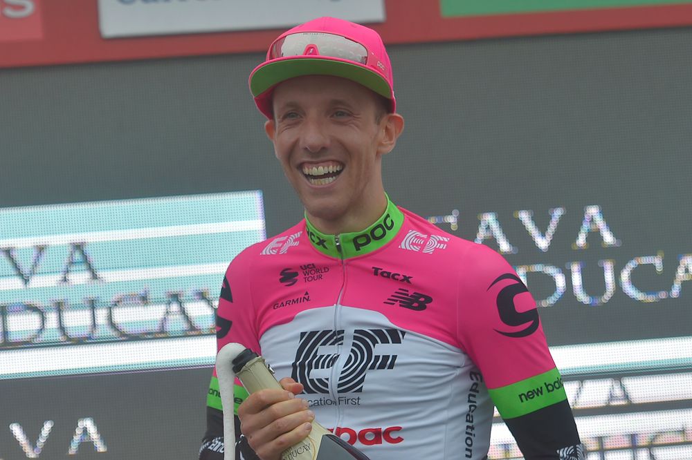 Michael Woods on the Vuelta a Espana podium after winning stage 17