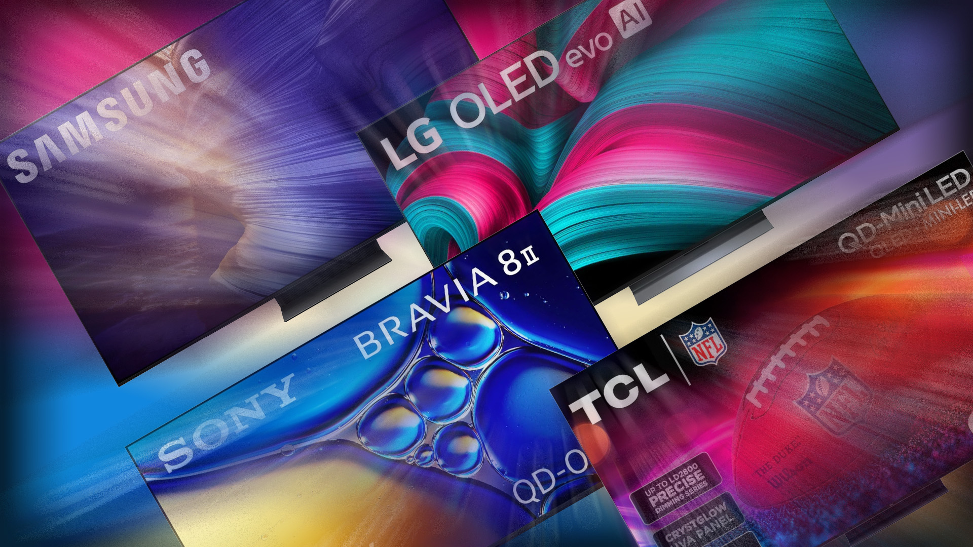 The LG C5, TCL QM7K, Sony Bravia 8 II and Samsung S90F grouped together 