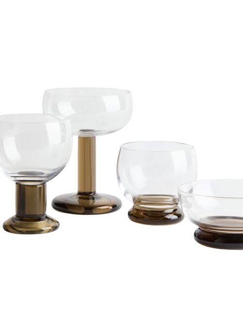 Hand-Blown Coupe Glasses in Transparent/Olive Green, Set of 2