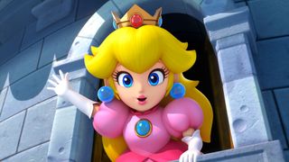 Princess Peach waving from the window of a castle in Super Mario RPG