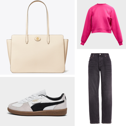 split image of Puma Palermo Leather Casual Shoes, AGOLDE Parker High Waist Crop Straight Leg Jeans, Tory Burch Robbinson Pebbled Tote, Adidas By Stella McCartney TrueCasuals Organic Cotton-Blend Sweatshirt 