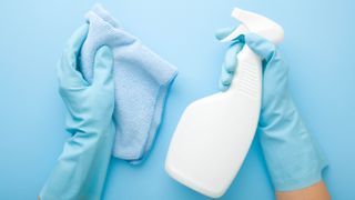 A household cleaner in one gloved hand and a cloth in the other
