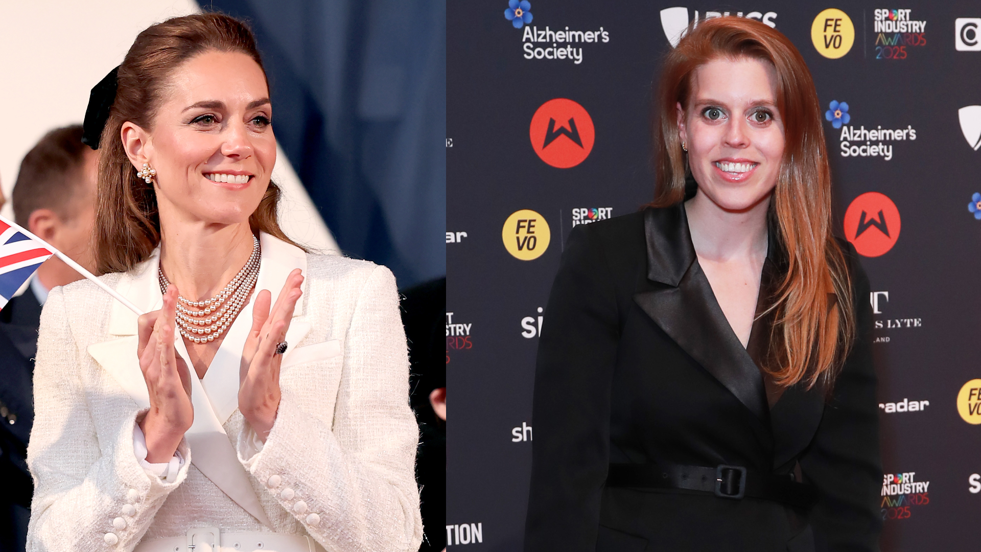 Kate Middleton wearing a white blazer dress and clapping next to a picture of Princess Beatrice wearing the same dress in black on a red carpet