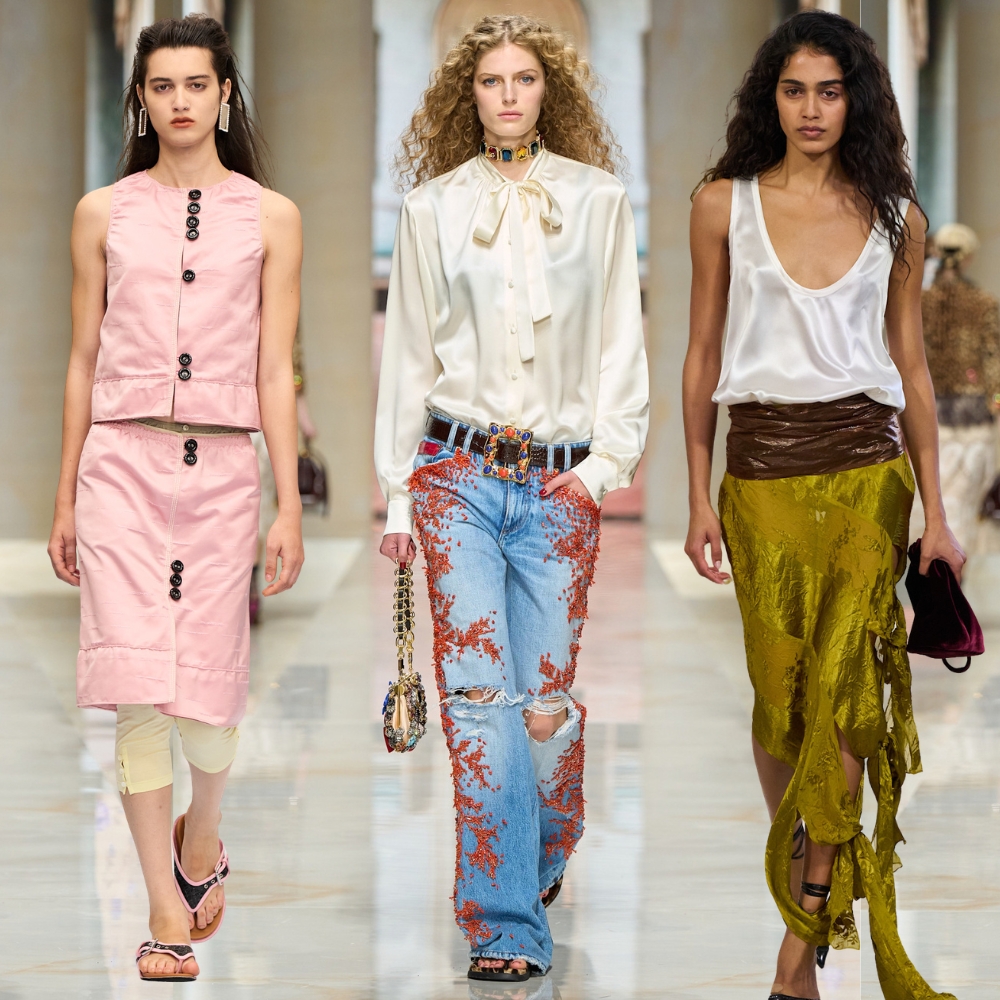 collage of models from milan fashion week runway SS27 showcasing the key trends 