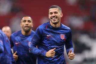 : Conor Coady of England reacts prior to the FIFA World Cup Qatar 2022 quarter final match between England and France at Al Bayt Stadium on December 10, 2022 in Al Khor, Qatar. (Photo by Alex Pantling - The FA/The FA via Getty Images)