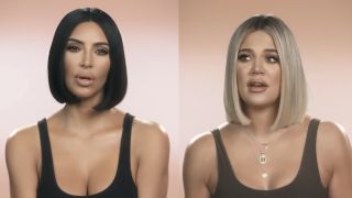 Kim Kardashian and Khloe Kardashian on pink backdrops, speaking heads for Keeping Up with The Kardashians. 
