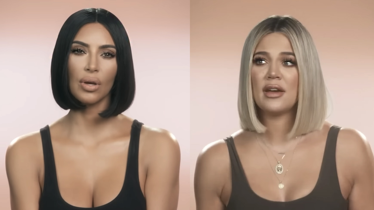 Kim Kardashian and Khloe Kardashian on pink backdrops, speaking heads for Keeping Up with The Kardashians. 