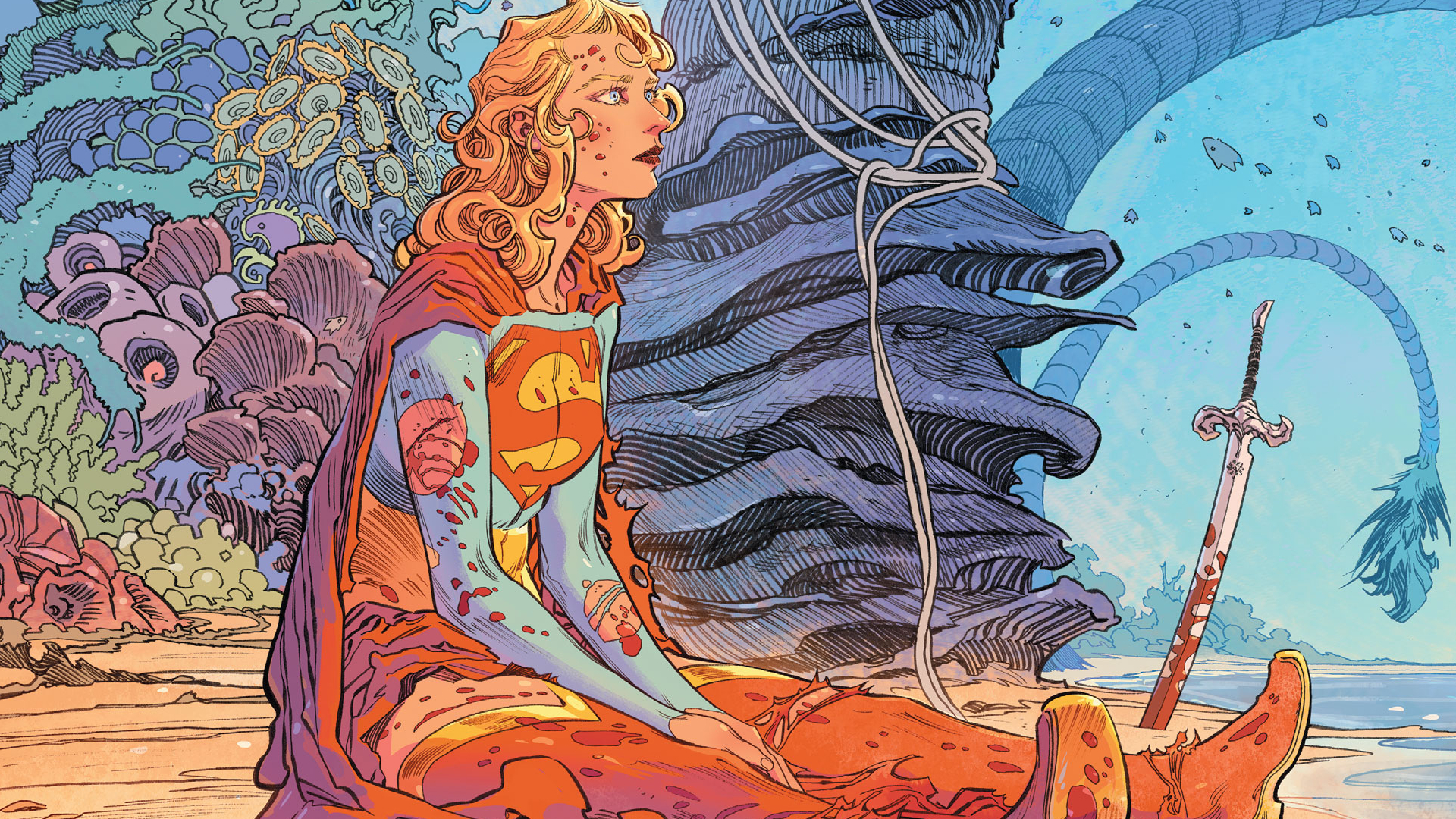 Close-up of the Supergirl Woman of Tomorrow comic book cover art showing Supergirl covered in blood, sitting on an alien beach