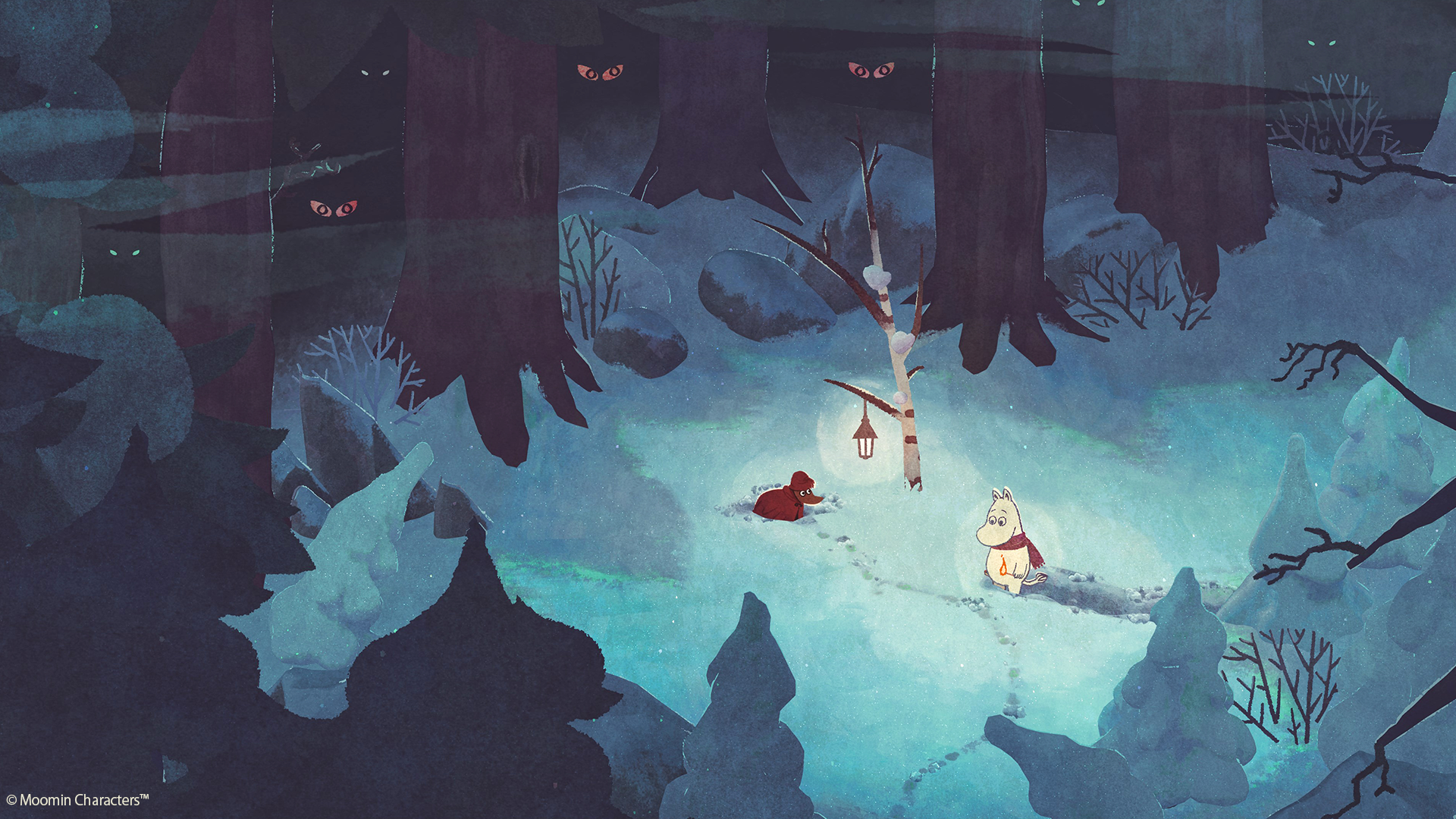 moomintroll in a snowy copse of trees looking at a dog. sinister eyes are in the background