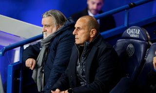 PARIS, FRANCE - NOVEMBER 03: Head coach, Michel Der Zakarian of Montpellier react with president, Laurent Nicollin during the Ligue 1 Uber Eats match between Paris Saint-Germain and Montpellier HSC at Parc des Princes on November 03, 2023 in Paris, France. (Photo by Xavier Laine/Getty Images)