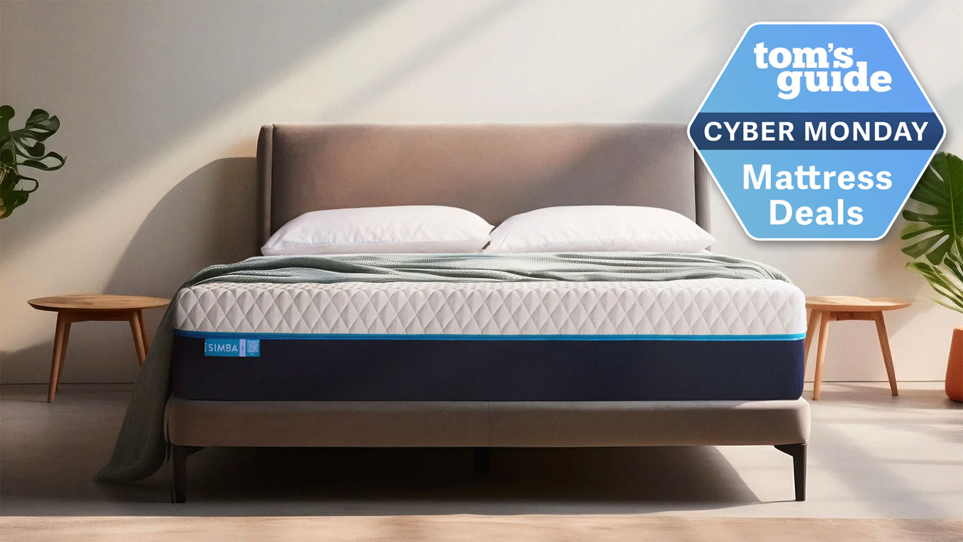 The Simba Hybrid Pro mattress in a bedroom with a Tom&#039;s Guide Cyber Monday Mattress Deals badge overlaid