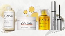 Lineup of Olaplex products, including No.4 Shampoo, Rich Hydration Mask, No.7 Oil and Lash Serum, on a white marble background with cream and oil swatches