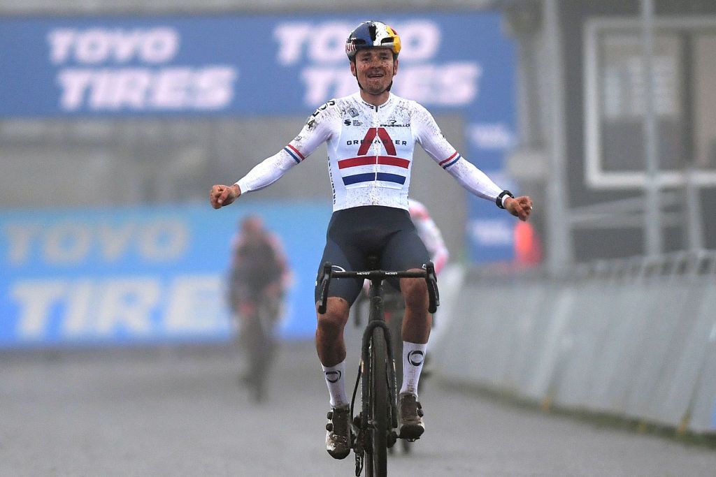 RUCPHEN NETHERLANDS DECEMBER 18 Thomas Pidcock of The United Kingdom and Team INEOS Grenadiers celebrates at finish line as race winner during the 9th Rucphen UCI CycloCross Worldcup 2021 Mens Elite CXWorldCup UCIcyclocrossWC on December 18 2021 in Rucphen Netherlands Photo by Luc ClaessenGetty Images