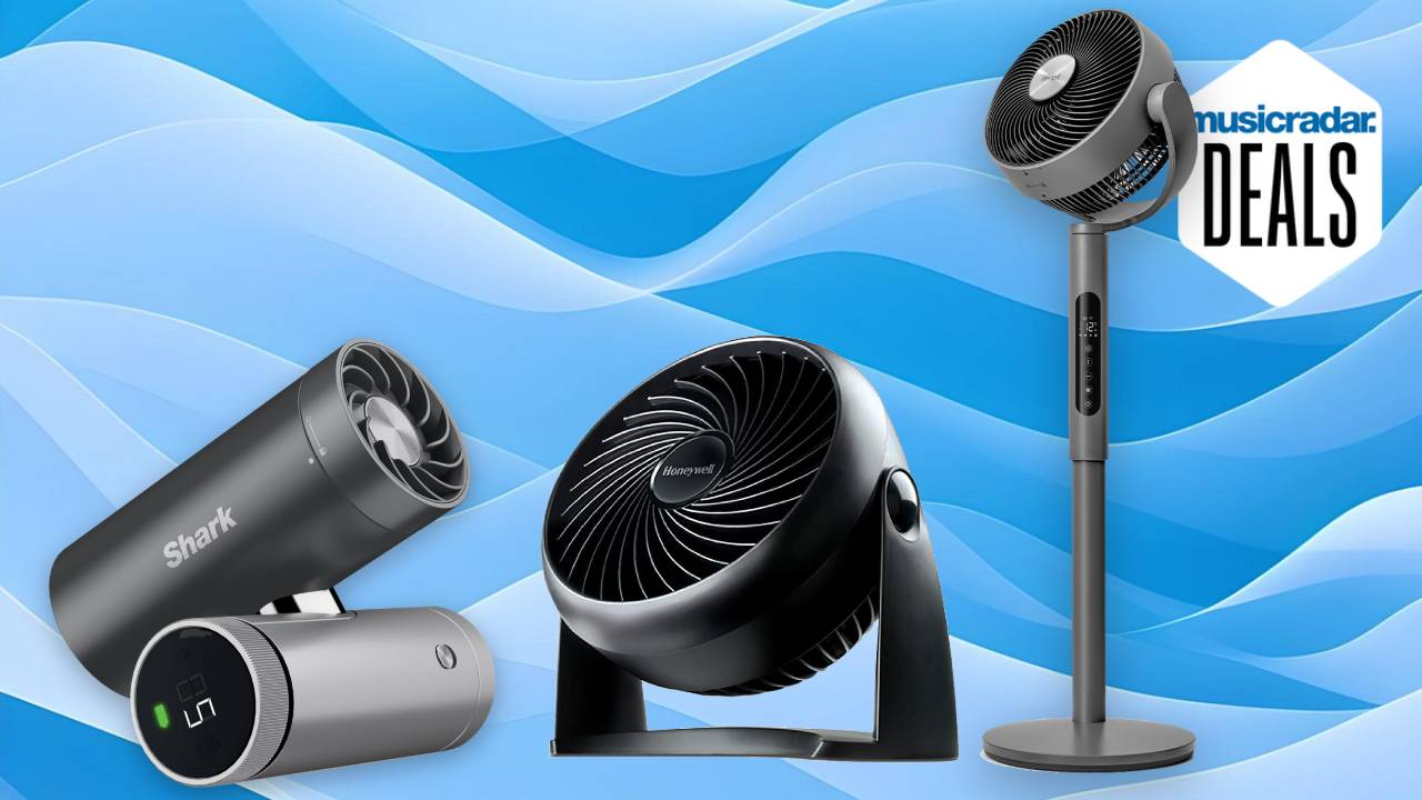 3 fans on a patterned blue background
